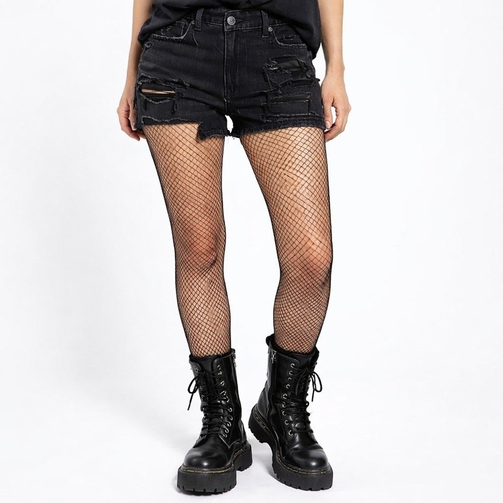 American Eagle Crossover Waist Jean Shorts Black Distressed Punk Grunge Size 6